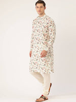 Thumbnail for Manyavar Men Off-White & Pink Floral Print Straight Kurta - Distacart
