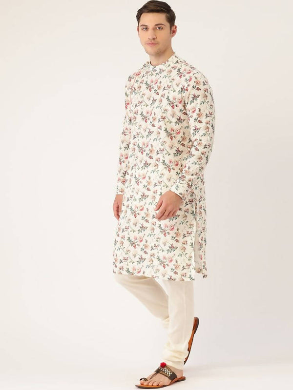 Manyavar Men Off-White & Pink Floral Print Straight Kurta - Distacart