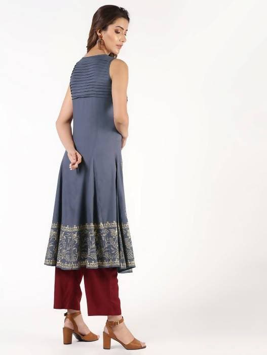Aniyah Rayon Block Print Flared Grey Kurta (AN-150K)