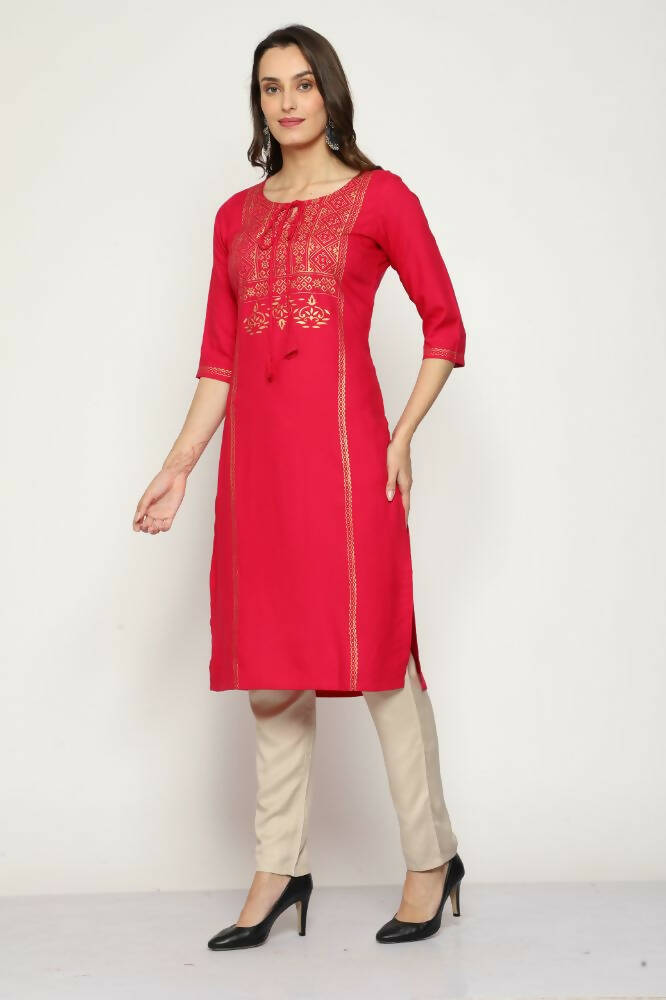 Maai Rayon Hand Printed Kurta Red - Distacart