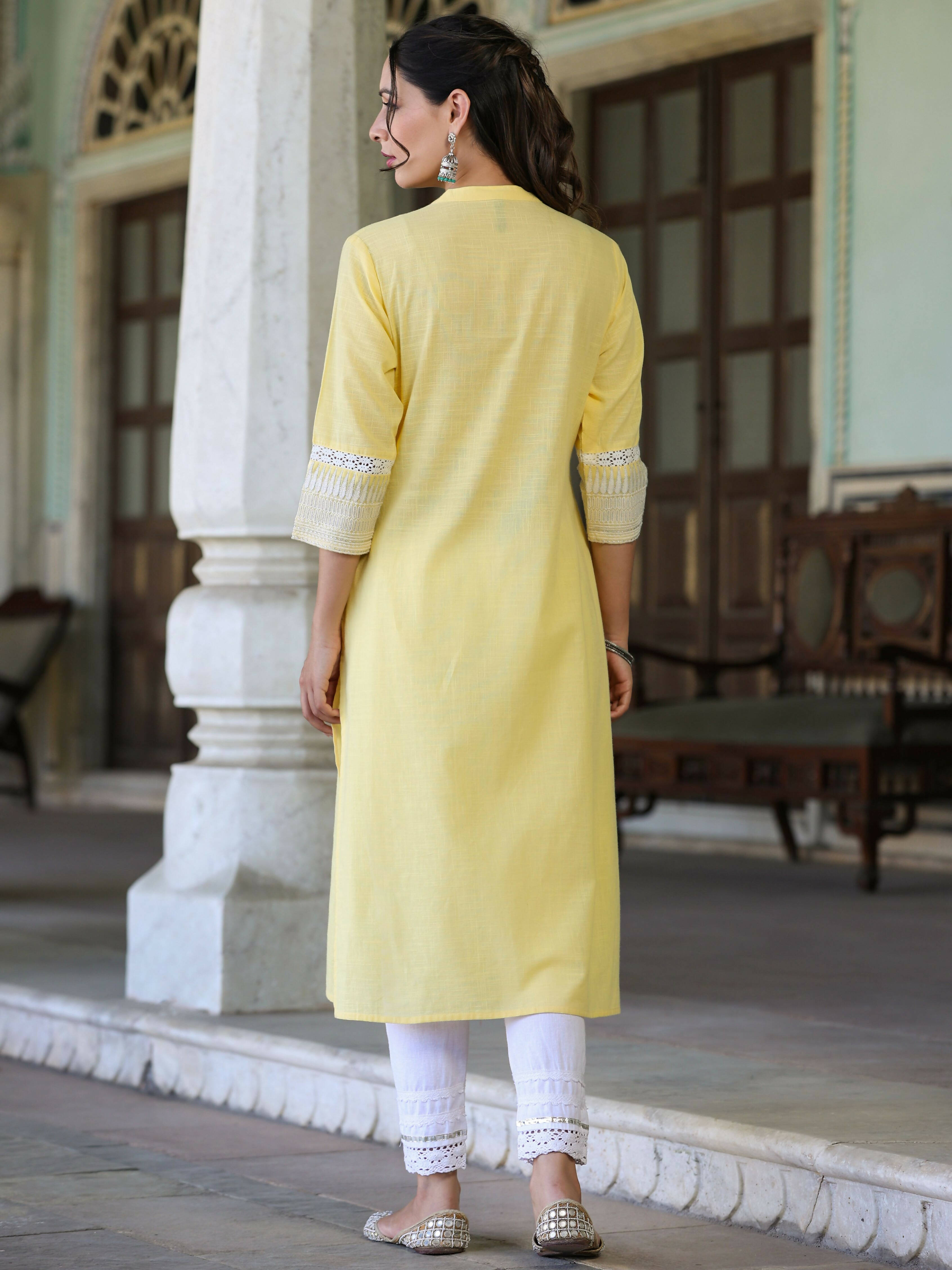 Juniper Women's Yellow Cotton Slub Embroidered Straight Kurta - Distacart