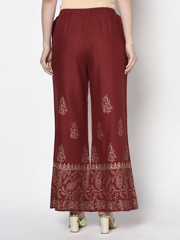 Aniyah Rayon Maroon Color Block Print Flared Slip-On Palazzo (AN-213K)