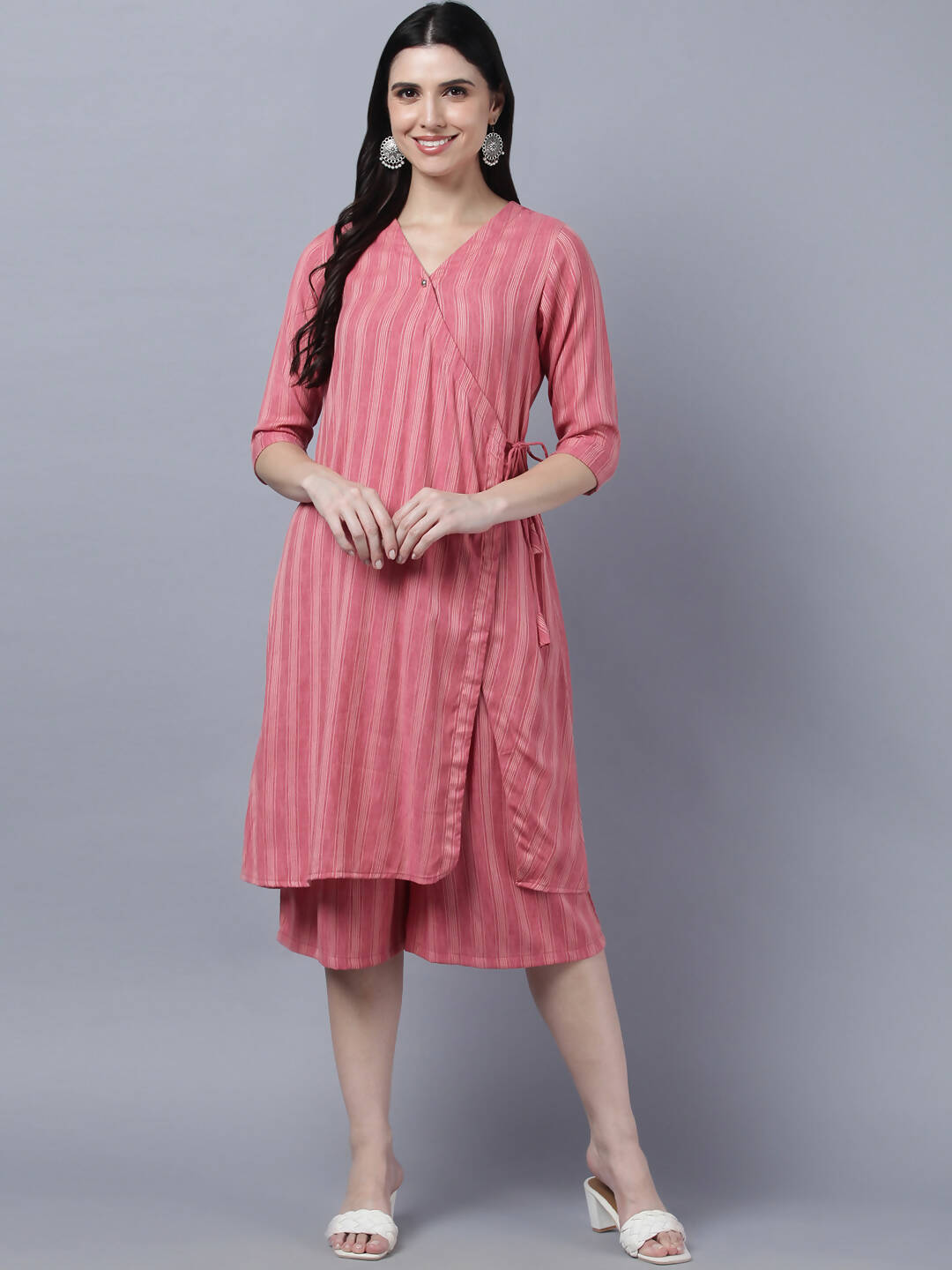 Myshka Stylish Pink Cotton 3/4 Sleeve Women's Kurta Palazzo Set - Distacart