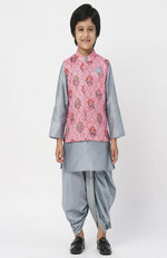 Thumbnail for Lil Drama Raangoli Boys Grey Kurta With Dhotiand Jacket Set - Distacart