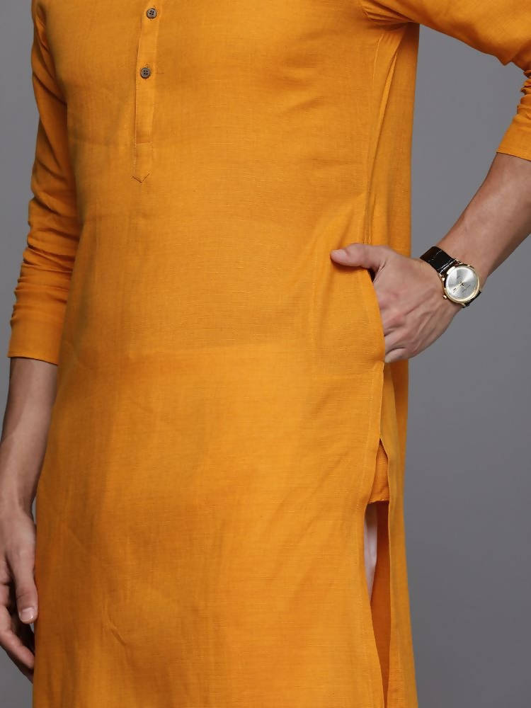 Manyavar Men Mustard Yellow Pure Cotton Solid Kurta - Distacart