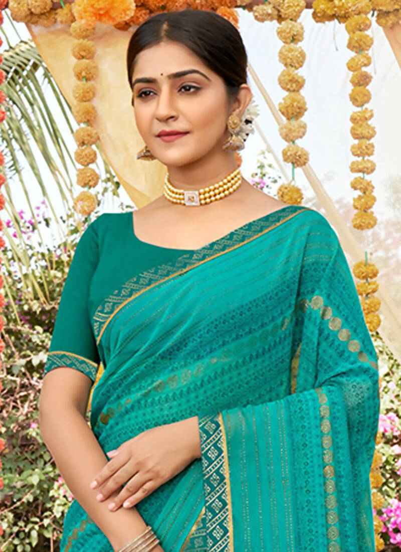 Sea Green Georgette Foil Printed Saree with Unstitched Blouse Piece - Avika - Distacart