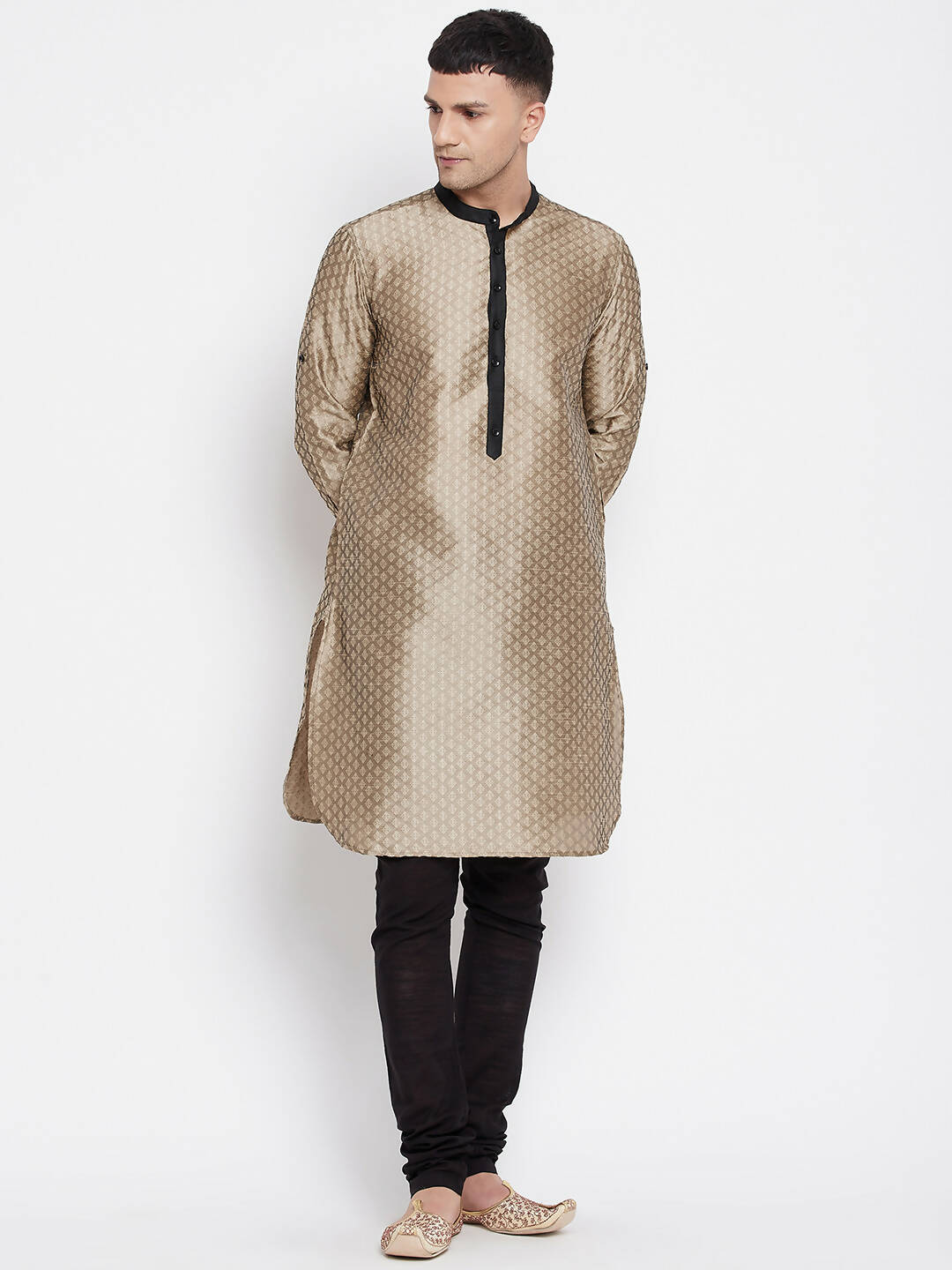 Even Apparels Beige Art Silk Men's Kurta With Contrast Collar And Placket - Distacart