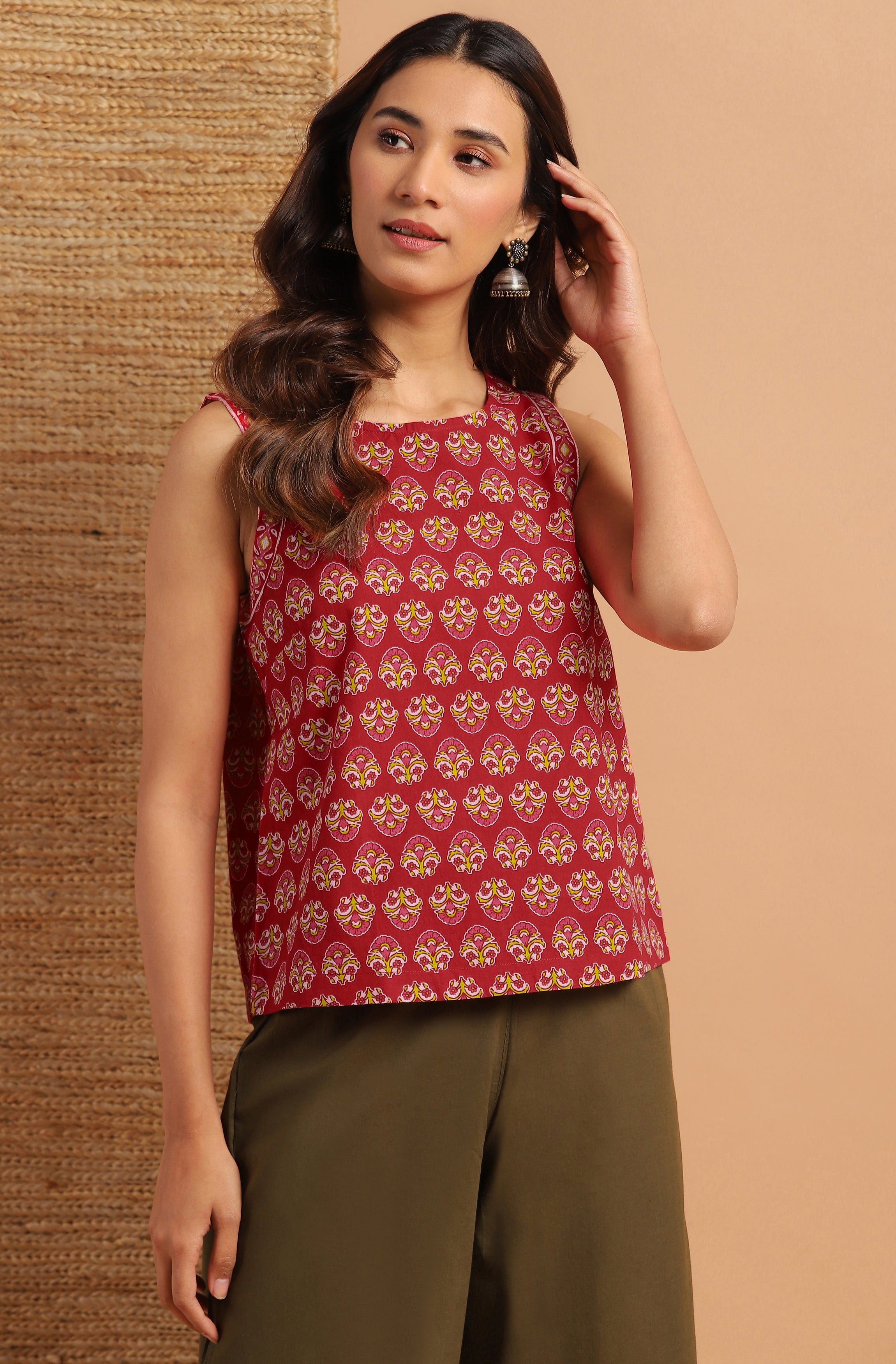 Janasya Women's Red Cotton Floral Print Regular Top - Distacart