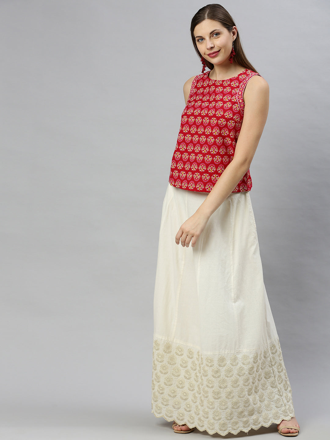 Janasya Women's Red Cotton Floral Print Regular Top - Distacart