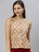 Thumbnail for Janasya Women's Cream Cotton Floral Print Designer Back Top - Distacart