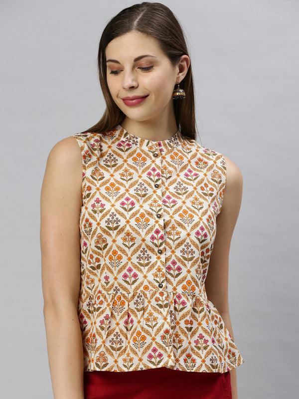 Janasya Women's Cream Cotton Floral Print Designer Back Top - Distacart