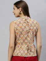 Thumbnail for Janasya Women's Cream Cotton Floral Print Designer Back Top - Distacart