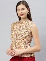 Thumbnail for Janasya Women's Cream Cotton Floral Print Designer Back Top - Distacart