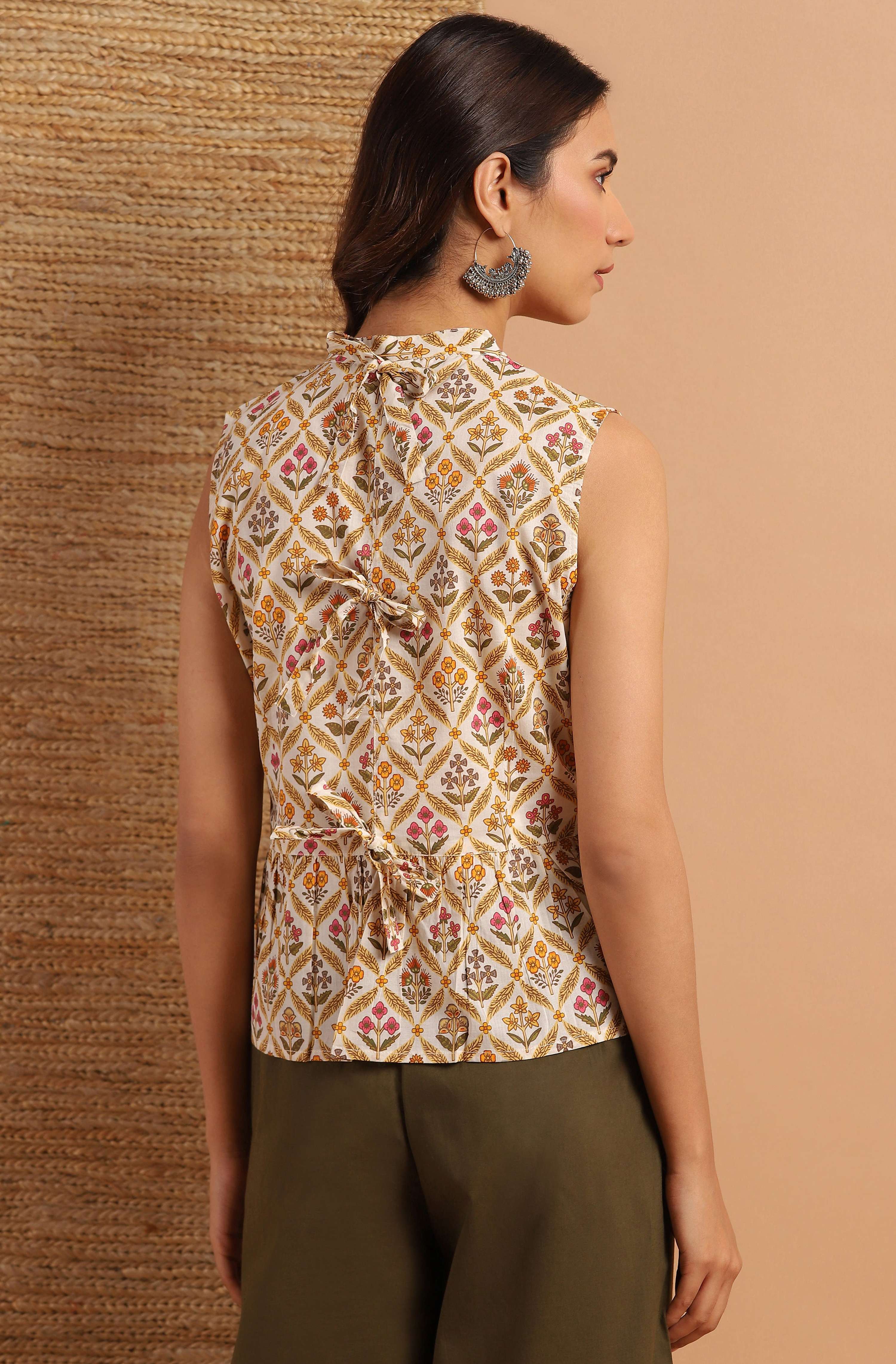 Janasya Women's Cream Cotton Floral Print Designer Back Top - Distacart