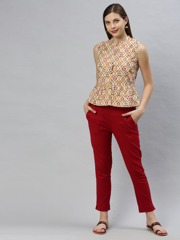 Janasya Women's Cream Cotton Floral Print Designer Back Top - Distacart