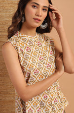 Thumbnail for Janasya Women's Cream Cotton Floral Print Designer Back Top - Distacart