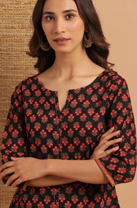 Thumbnail for Janasya Women's Black Cotton Floral Print Regular Top - Distacart