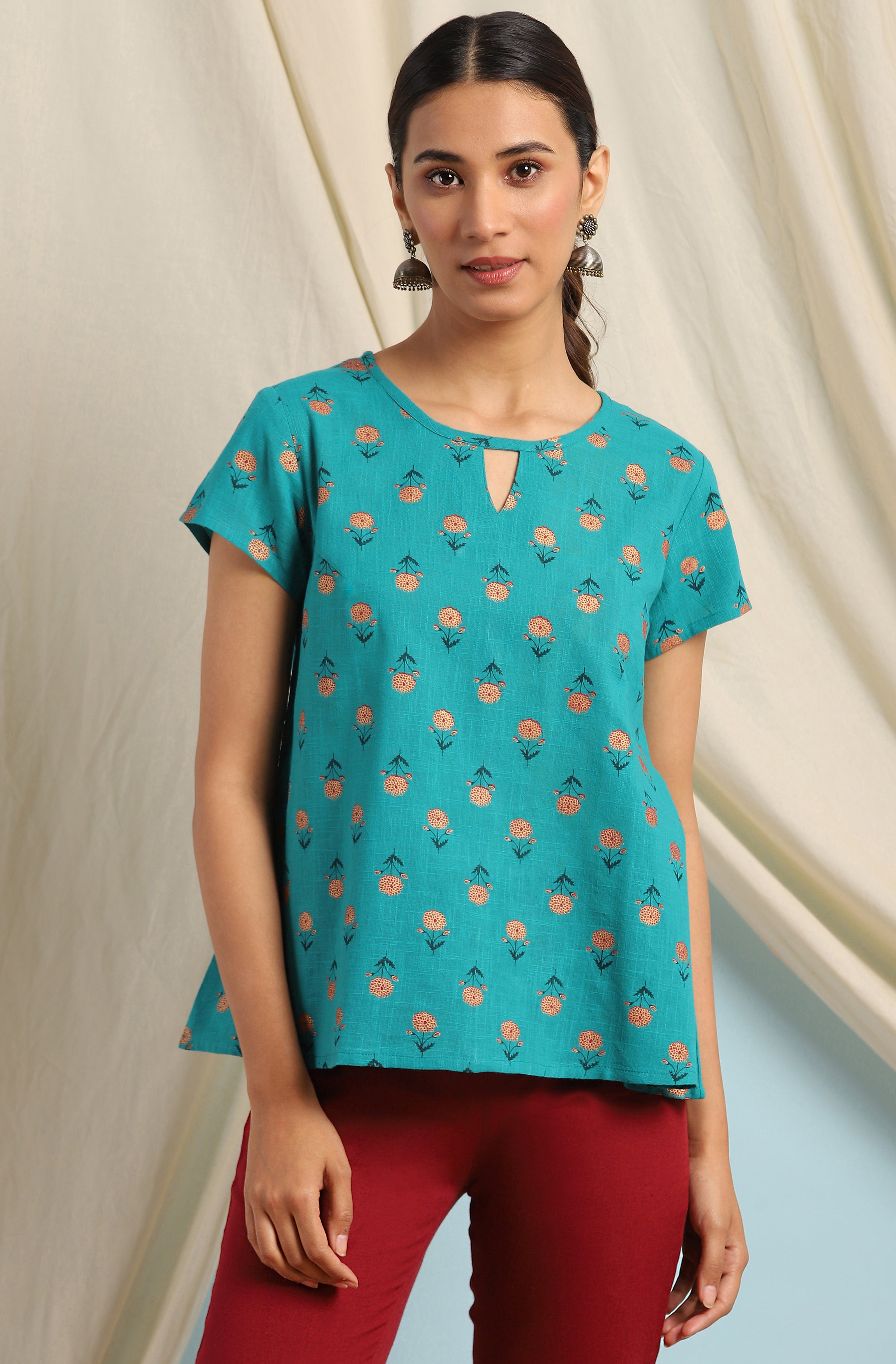 Janasya Women's Teal Cotton Slub Floral Print Regular Top - Distacart