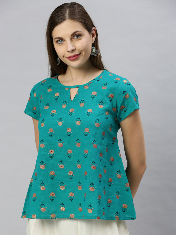 Janasya Women's Teal Cotton Slub Floral Print Regular Top - Distacart
