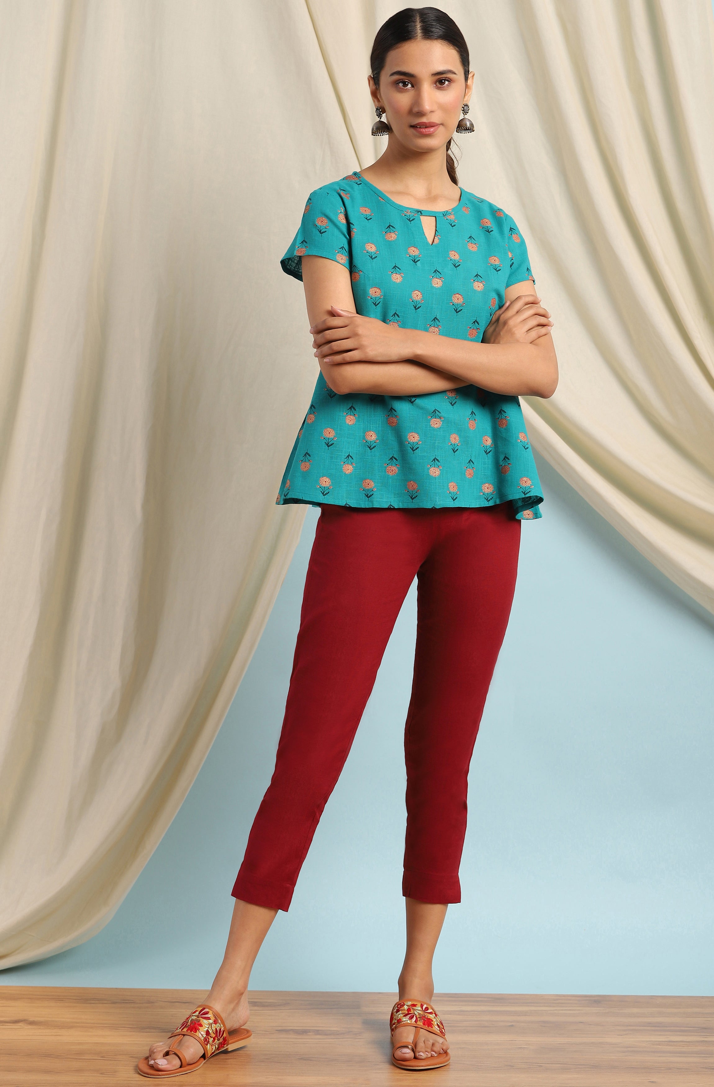 Janasya Women's Teal Cotton Slub Floral Print Regular Top - Distacart