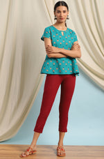 Thumbnail for Janasya Women's Teal Cotton Slub Floral Print Regular Top - Distacart