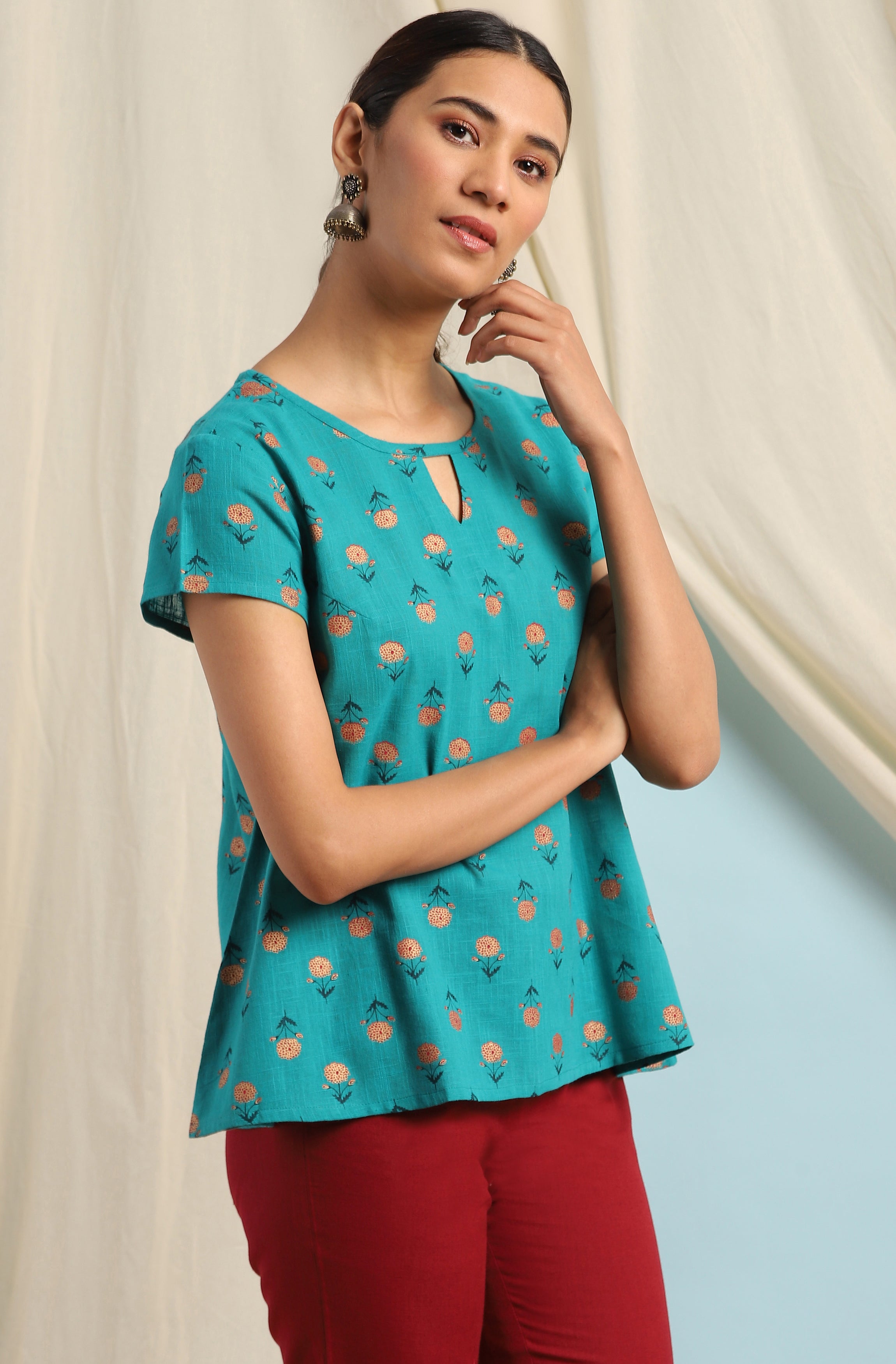 Janasya Women's Teal Cotton Slub Floral Print Regular Top - Distacart