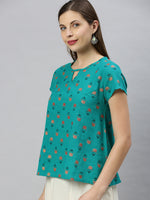 Thumbnail for Janasya Women's Teal Cotton Slub Floral Print Regular Top - Distacart