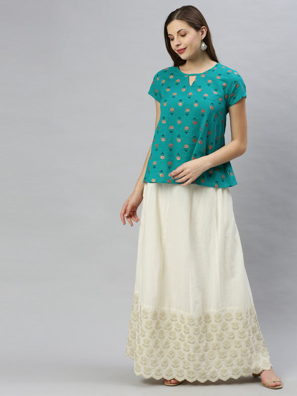 Janasya Women's Teal Cotton Slub Floral Print Regular Top - Distacart