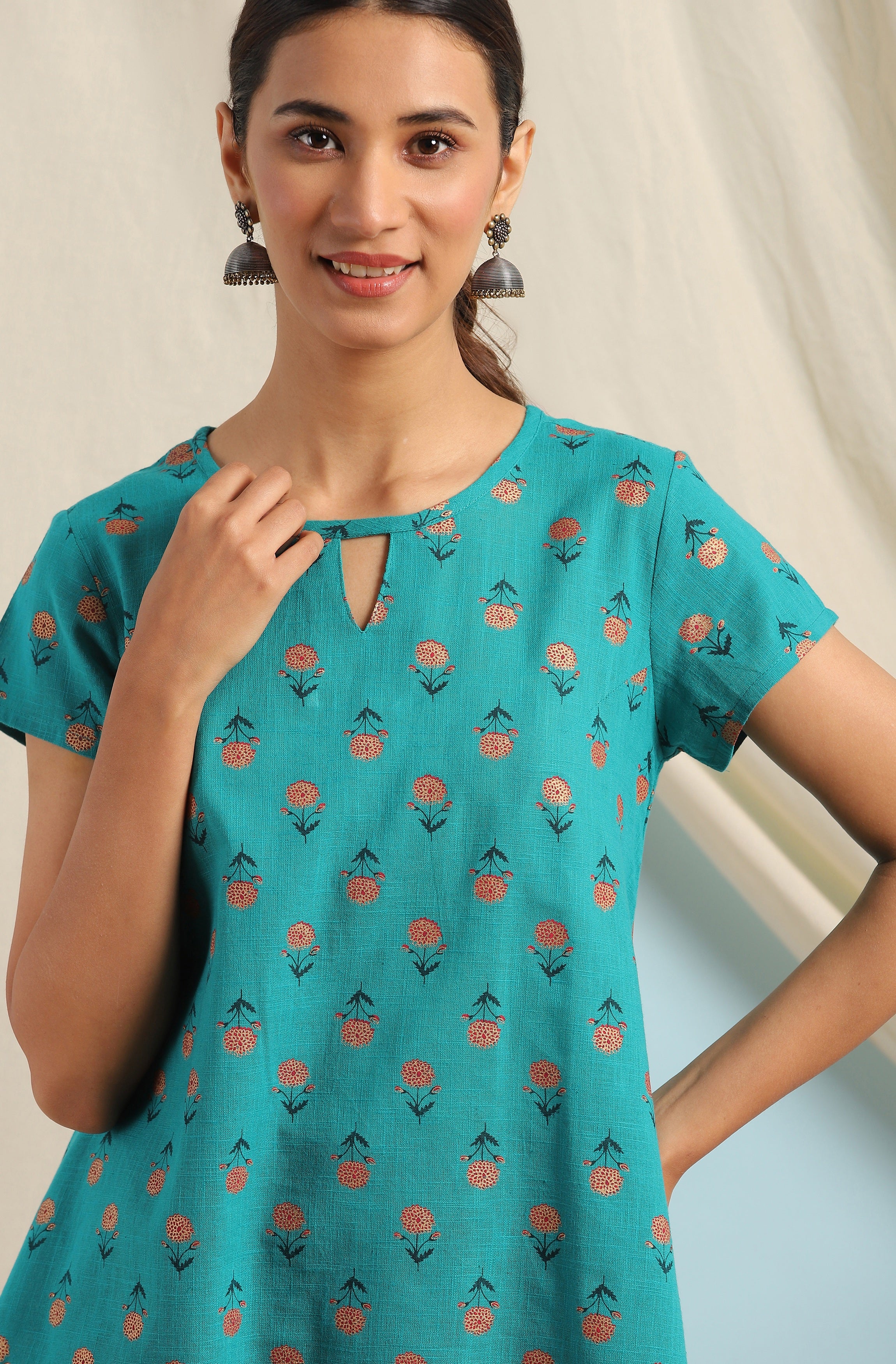 Janasya Women's Teal Cotton Slub Floral Print Regular Top - Distacart