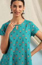 Thumbnail for Janasya Women's Teal Cotton Slub Floral Print Regular Top - Distacart