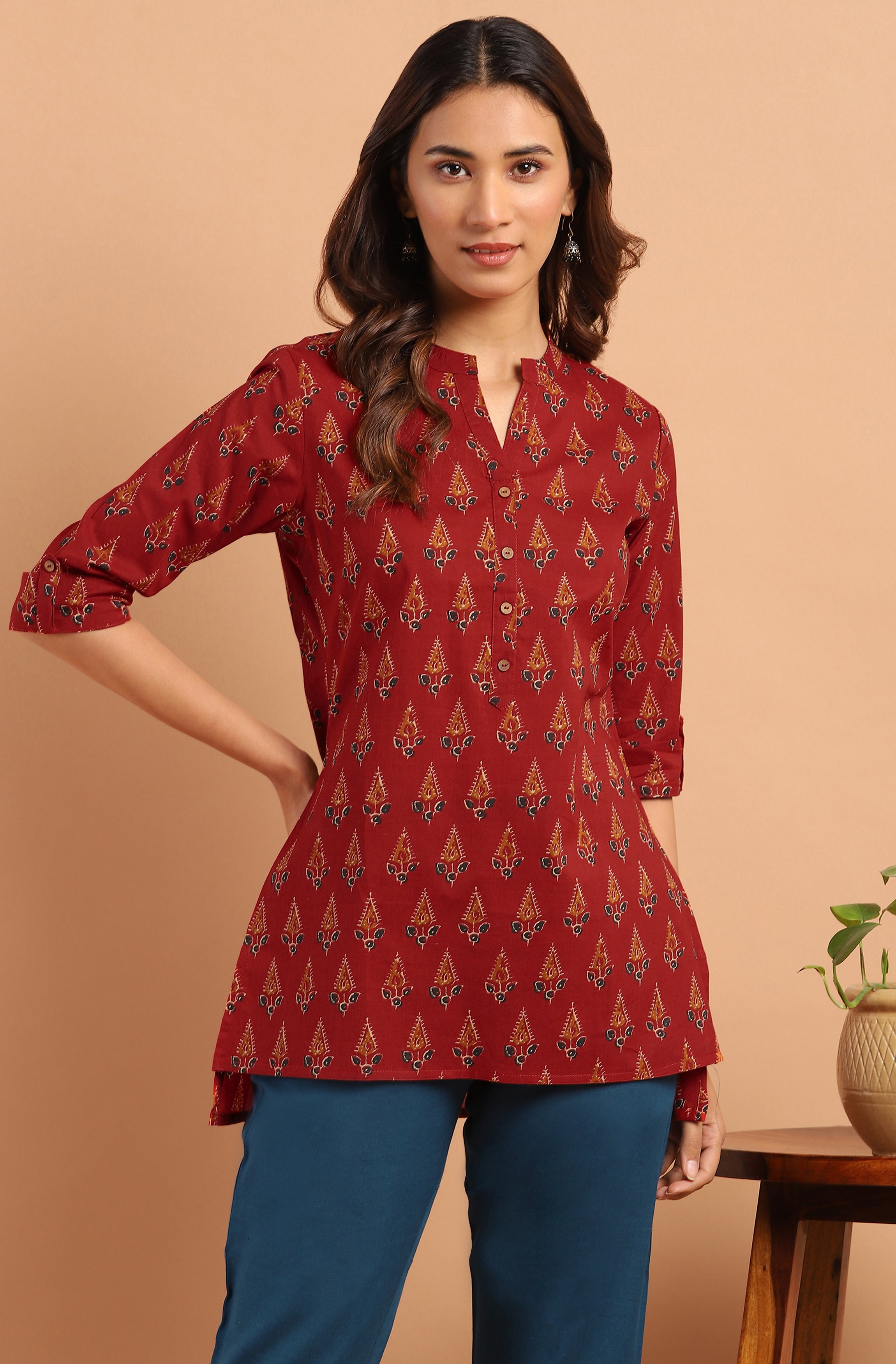Janasya Women's Red Cotton Ethnic Motifs Straight Tunic - Distacart
