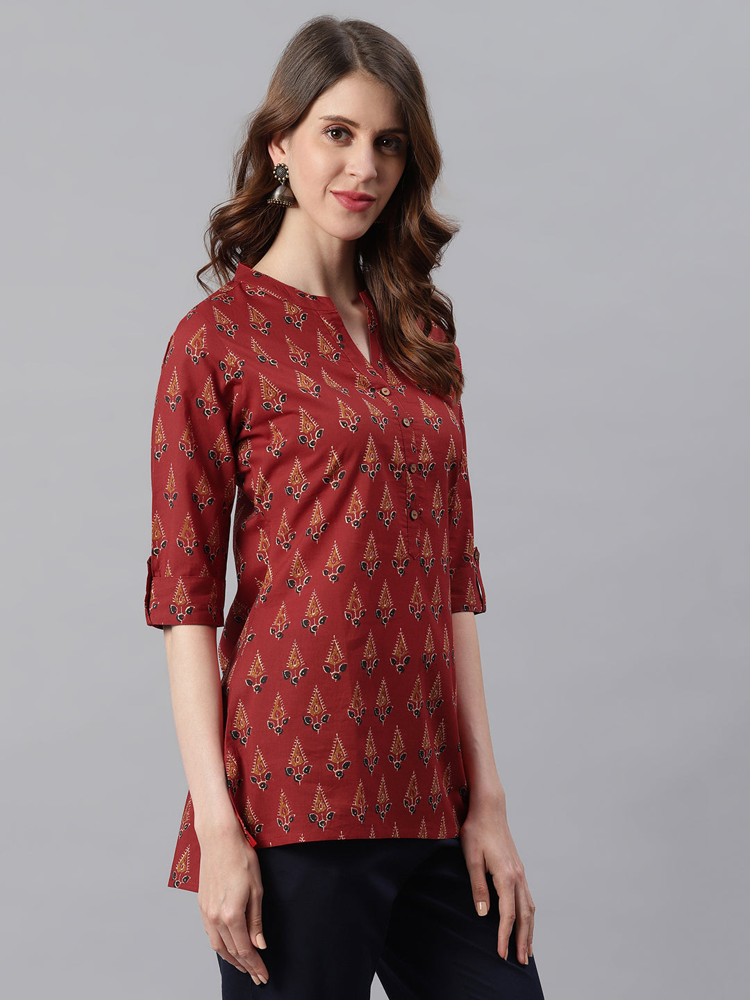 Janasya Women's Red Cotton Ethnic Motifs Straight Tunic - Distacart