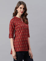 Thumbnail for Janasya Women's Red Cotton Ethnic Motifs Straight Tunic - Distacart