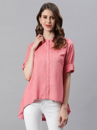 Thumbnail for Janasya Women's Pink Rayon Solid High Low Tunic - Distacart