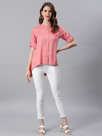 Thumbnail for Janasya Women's Pink Rayon Solid High Low Tunic - Distacart