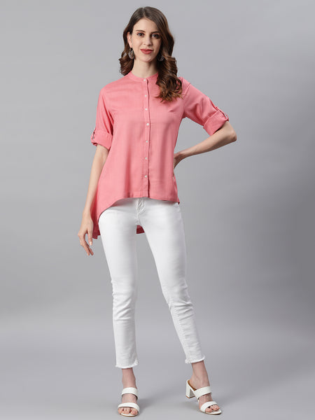Janasya Women's Pink Rayon Solid High Low Tunic - Distacart