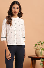 Thumbnail for Janasya Women's Off White Cotton Slub Animal Print Shirt Style Top - Distacart