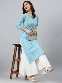 Thumbnail for Janasya Women's Blue Cotton Striped Casual Straight kurta - Distacart