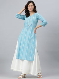 Thumbnail for Janasya Women's Blue Cotton Striped Casual Straight kurta - Distacart