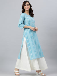 Thumbnail for Janasya Women's Blue Cotton Striped Casual Straight kurta - Distacart