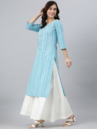 Thumbnail for Janasya Women's Blue Cotton Striped Casual Straight kurta - Distacart