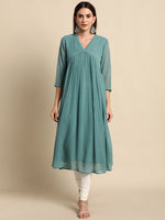 Thumbnail for Janasya Women's Green Poly Chiffon Self Design Casual Flared kurta - Distacart