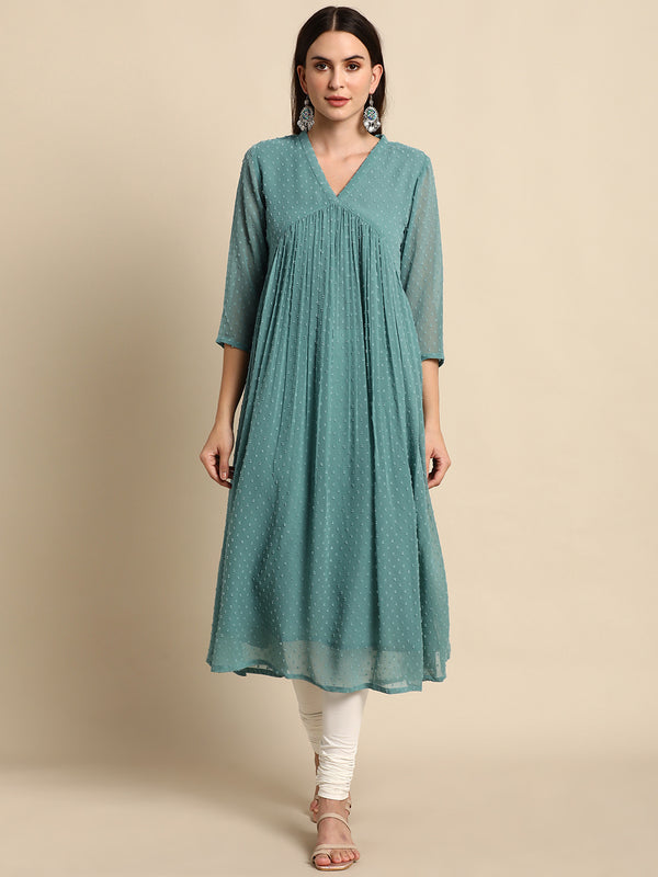 Janasya Women's Green Poly Chiffon Self Design Casual Flared kurta - Distacart