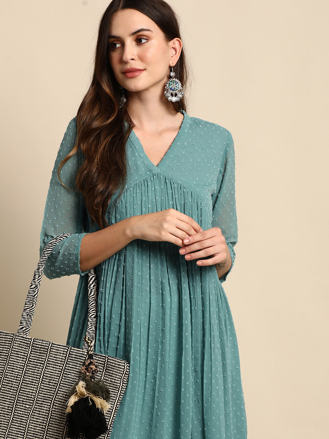 Janasya Women's Green Poly Chiffon Self Design Flared Western Dress - Distacart