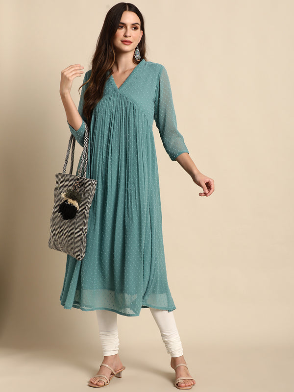 Janasya Women's Green Poly Chiffon Self Design Casual Flared kurta - Distacart