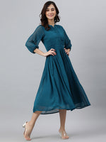 Thumbnail for Janasya Women's Teal Poly Chiffon Self Design Flared Western Dress - Distacart