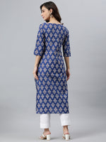 Thumbnail for Janasya Women's Blue Cotton Floral Printed Casual Straight kurta - Distacart