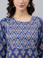 Thumbnail for Janasya Women's Blue Cotton Floral Printed Casual Straight kurta - Distacart
