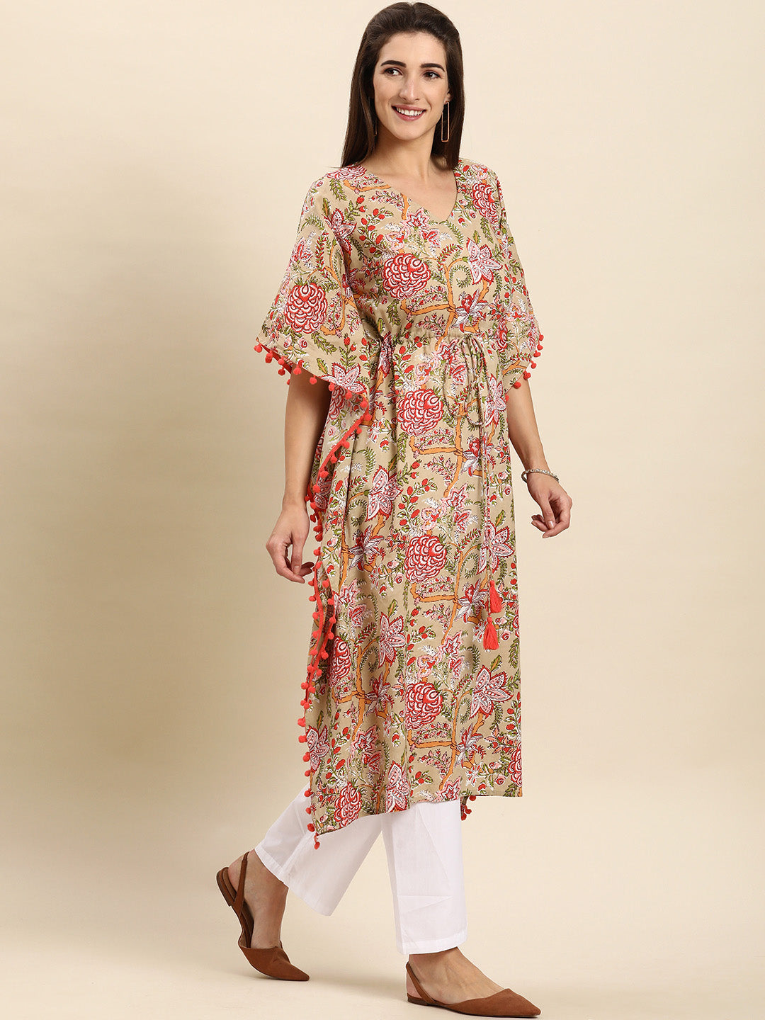Janasya Women's Beige Cotton Floral Printed Casual Kaftan kurta - Distacart