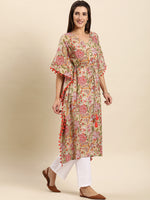 Thumbnail for Janasya Women's Beige Cotton Floral Printed Casual Kaftan kurta - Distacart
